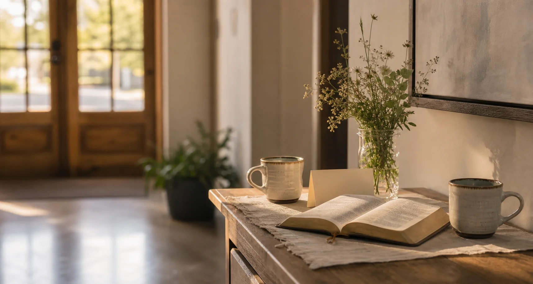 An open Bible, coffee cups, and flowers on a warm welcome table